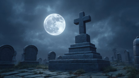A haunting graveyard scene illuminated by a full moon, featuring dark clouds overhead. The atmosphere evokes mystery and tranquility, perfect for autumn evenings.の素材
