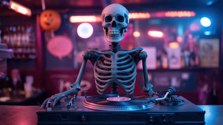 A spooky skeleton DJ spins vinyl records at a vibrant club, surrounded by flashing lights and an eerie Halloween atmosphere, creating a unique party vibe.の素材