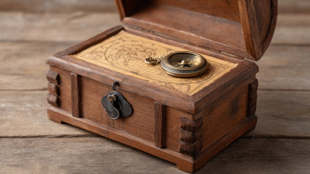 A beautifully crafted wooden treasure chest featuring an open lid, showcasing an elegant compass and a detailed map, perfect for adventure enthusiasts and vintage decor.の素材