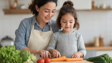 A heartwarming moment in a bright kitchen, where a child and parent create healthy dishes together using fresh ingredients while sharing laughter and joy.の素材