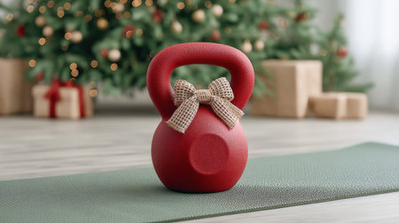A vibrant red kettlebell wrapped with a festive bow sits on a yoga mat, creating a joyful holiday atmosphere surrounded by Christmas decorations. Perfect for fitness inspiration.の素材