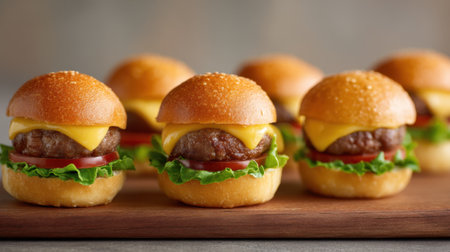 A delightful arrangement of mini cheeseburgers lined up on a baking tray, showcasing fresh ingredients perfect for appetizers at any gathering or casual meal.の素材