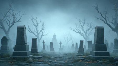 A mist-covered graveyard at dawn where tombstones emerge through thick fog, creating an eerie and haunting atmosphere filled with mystery and silence.の素材
