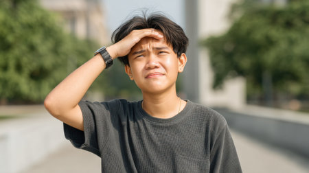 A young person squints while shielding their eyes from bright sunlight in an outdoor setting, conveying a sense of mild frustration and adjusting to the glare.の素材