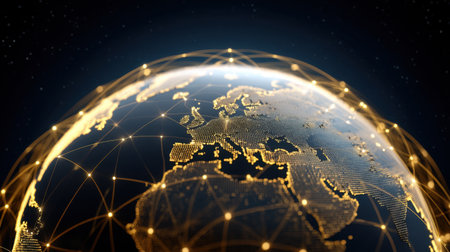 Explore a captivating network visualization featuring luminous dots and lines illuminating a global map, set against a mesmerizing starry background.の素材