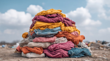 A vibrant pile of discarded colorful clothes sits in a landfill, emphasizing the environmental crisis caused by textile waste and the importance of sustainability.の素材