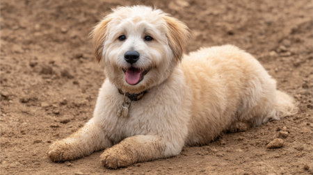 A joyful dog lies happily on the muddy ground, its fur playfully covered in dirt. This image captures a cheerful moment of canine bliss in a natural setting.の素材
