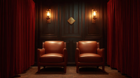 This inviting scene features two leather chairs surrounded by warm lighting and rich textures, set against a backdrop of luxurious red curtains for a cozy atmosphere.の素材