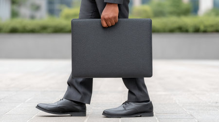 A professional individual in business attire carries a sleek black folder while walking to an office meeting, embodying confidence and determination in a modern urban setting.の素材