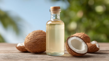 A stunning bottle of virgin coconut oil is beautifully displayed with whole and halved coconuts on a rustic wooden surface, set against a vibrant tropical background.の素材