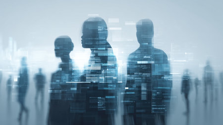 Explore an artistic representation of silhouettes overlaid with data blocks, illustrating the intersection of technology and human figures in a modern digital context.の素材