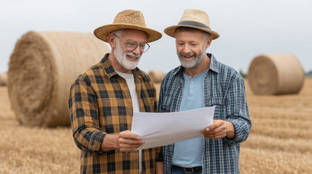 Two cheerful older men in straw hats share a joyful moment while studying a map in a sunlit hayfield, showcasing friendship and a connection to nature.の素材