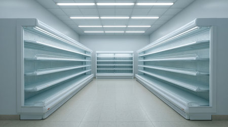 This image features empty supermarket refrigerator shelves arranged neatly in a spacious store. The modern design and bright lighting create a fresh and open feel, perfect for retail settings.の素材
