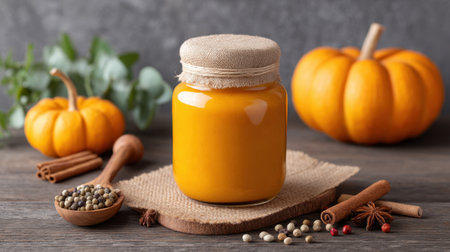 Discover the beauty of pumpkin puree elegantly displayed in a glass jar, surrounded by an array of spices on a rustic table, perfect for seasonal cooking inspiration.の素材