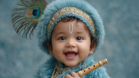 This adorable baby dressed as Krishna radiates joy with a flute in hand. Capturing a delightful expression, this image embodies cultural vibrance and youthful charm.の素材
