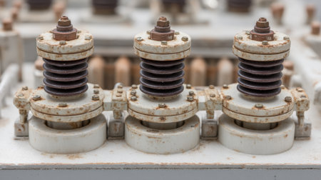 Captivating macro image of three aged electrical components, highlighting intricate mechanical details, rust, and textures that convey a sense of industrial history.の素材