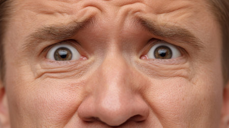 This image showcases a male face in close-up, conveying strong emotions of regret and disbelief. The intricate details highlight the intensity of emotions, making it relatable.の素材