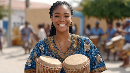 Joyful woman smiles while playing traditional drums in a vibrant outfit during a cultural celebration, creating an energetic atmosphere filled with music and laughter.の素材