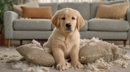 An adorable golden retriever puppy sits on a cushion in a cozy living room, surrounded by fluffy mess. This playful scene captures the innocence and joy of a young pet.の素材