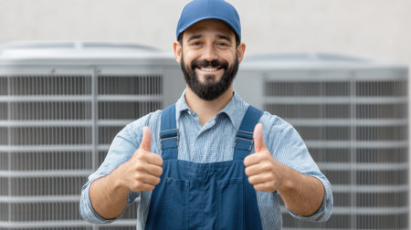 A skilled HVAC technician poses outdoors next to an air conditioning unit, offering a thumbs up gesture. He radiates confidence and professionalism in his work attire.の素材