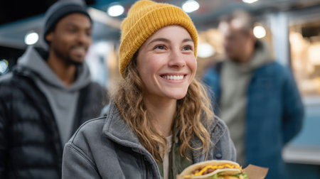 A joyful young woman enjoys a fresh taco from a vibrant street food truck at night, surrounded by friends, capturing the essence of casual dining and happiness.の素材