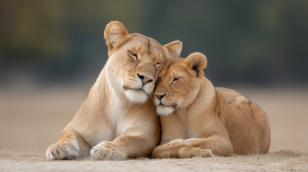 Experience the heartwarming connection between a lioness and her cub as they cuddle closely in their natural habitat, showcasing the bond of love and affection in the wild.の素材