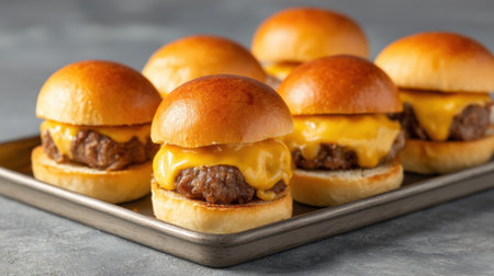 A mouthwatering close-up of delicious cheddar sliders on a metal tray, featuring golden buns and juicy beef patties, perfect for any gathering or casual meal.の素材