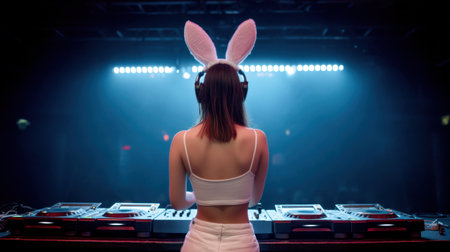 A female DJ wears a playful bunny costume and headphones while mixing music on stage, surrounded by vibrant lights, creating an electrifying and fun atmosphere.の素材
