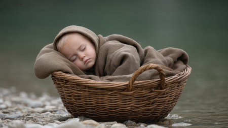 A serene image of a sleeping baby wrapped in a linen blanket, peacefully resting in a wicker basket by the river, capturing the essence of innocence and tranquility.の素材