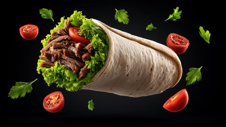 A vibrant beef shawarma wrap with fresh lettuce and tomatoes, floating on a dark background, perfect for menus, food blogs, or culinary projects.の素材