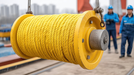 A close-up view of a heavy-duty yellow rope drum suspended from a crane in an industrial setting, showcasing its winding texture and robust construction.の素材