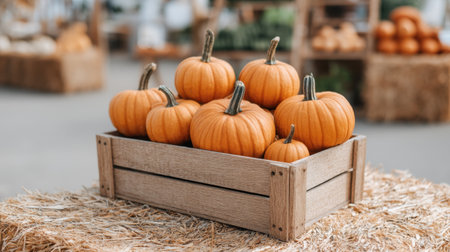 Experience the essence of fall with this delightful scene showcasing vibrant orange pumpkins in a rustic wooden crate, surrounded by hay bales for a charming festival ambiance.の素材