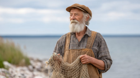 An elderly fisherman stands by the shore, mending his fishing net. With calm waters and a cloudy sky, this serene scene captures the essence of traditional coastal life.の素材