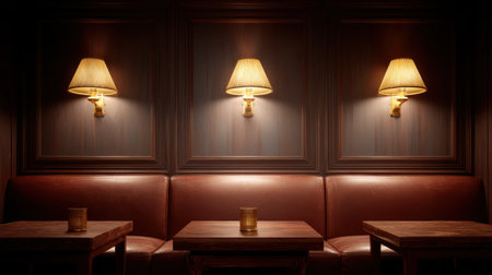 This image captures a cozy lounge interior with elegant leather seating and vintage sconces, creating a warm and inviting atmosphere perfect for relaxation and gatherings.の素材