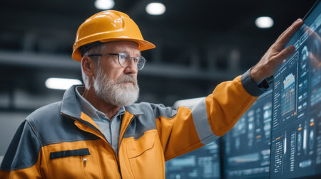 A senior engineer in safety gear interacts with a digital dashboard, showcasing the blend of technology and expertise in an industrial setting.の素材