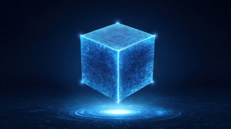 Bright blue 3D box floating in a digital space, showcasing intricate glow effects and a futuristic design. Ideal for tech-related graphics and innovative themes.の素材