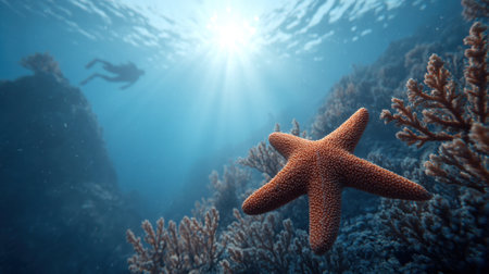 Explore a captivating underwater scene showcasing a vibrant starfish among corals, with a diver gracefully gliding in the serene ocean background. Perfect for marine enthusiasts.の素材