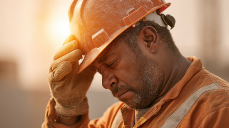 A construction worker wearing a helmet reflects under the intense sunlight, showcasing the challenges faced in labor-intensive environments. An inspiring portrayal of dedication.の素材