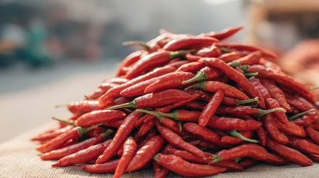 A vivid image of glowing red chilies stacked high at a busy spice stall, illuminated by warm sunlight, showcasing the essence of local markets and fresh ingredients.の素材