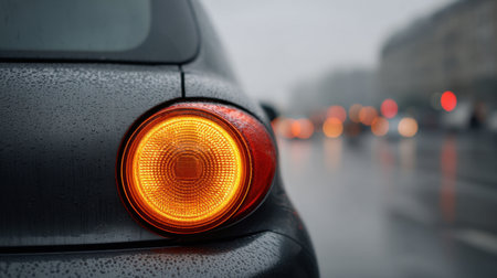 A captivating close-up shot of a car's brake light glowing in a rainy urban setting. The blurred lights in the background add mood and depth to the scene.の素材