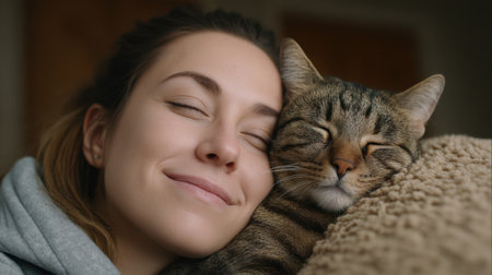A serene moment captured as a woman rests with her cat snuggled close, both sharing a joyful expression in a warm, cozy setting. The soft light enhances their peaceful bond.の素材