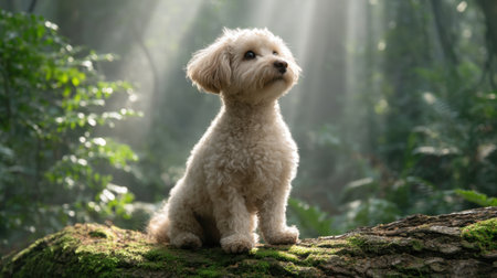 A delightful poodle poses on a tree trunk in a serene woodland, illuminated by soft sunlight filtering through the leaves, capturing the essence of tranquility and joy in nature.の素材
