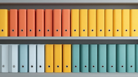 A visually appealing image showcasing meticulously arranged office folders in soft colors on shelving, perfect for inspiring a tidy and efficient workspace.の素材