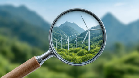 A magnifying glass reveals wind turbines amid verdant mountains, showcasing a commitment to clean energy and environmental awareness in a breathtaking landscape.の素材