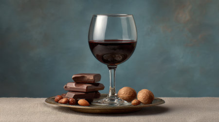 A charming arrangement featuring a glass of red wine paired with dark chocolate and assorted nuts on a decorative plate, perfect for creating a romantic and luxurious mood.の素材