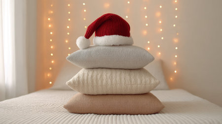 Embrace the holiday spirit with a cozy interior scene featuring stacked pillows topped with a festive hat, illuminated by twinkling string lights for a warm ambiance.の素材