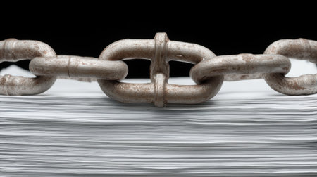 A close-up image of a rusty metal chain linking a stack of white papers on a dark background, representing strength, connection, and the importance of teamwork in the office.の素材