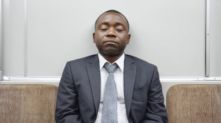 A professional man in a suit appears to be peacefully resting on a subway train, highlighting the exhaustion of early morning commuting in a bustling urban environment.の素材