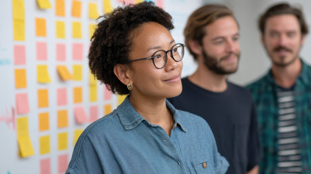 A modern office scene capturing individuals engaged in exchanging ideas with a colorful backdrop of sticky notes, fostering an atmosphere of creativity and collaboration.の素材