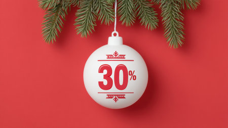 A vibrant white ornament displaying a 30% off sale hangs from a lush green pine branch against a bold red background, perfect for holiday decorations and marketing campaigns.の素材
